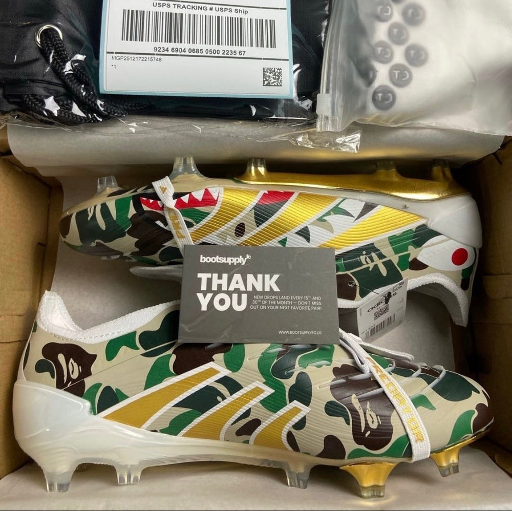 Adidas Predator x Bape soccer cleats with a 'Thank You' card in a box, featuring the brand 'bootsupplyfc'.