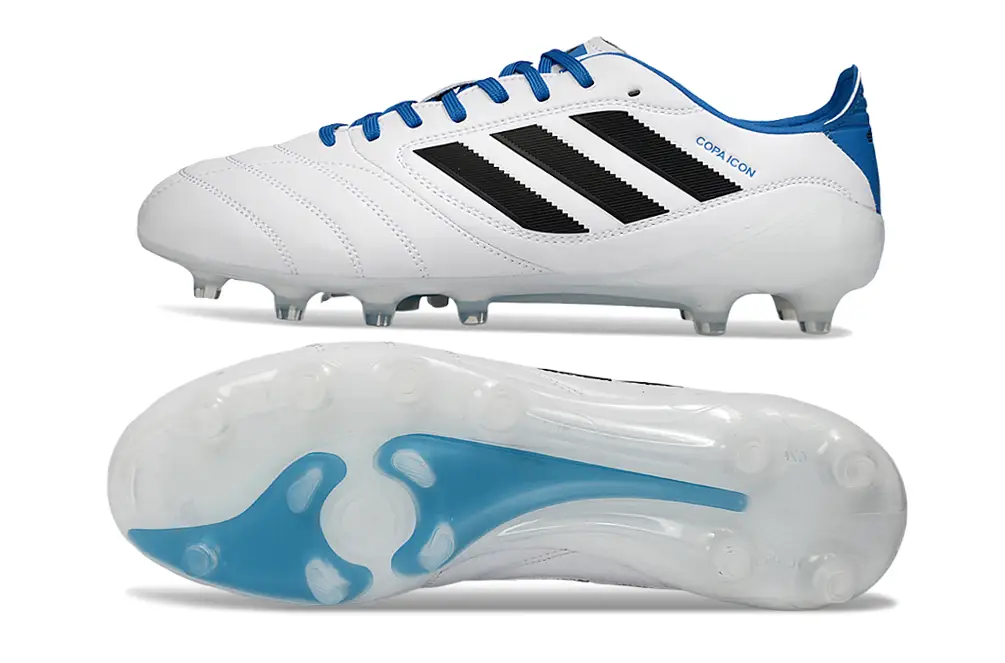 Adidas Copa Icon II Elite FG white leather boot with blue laces, black stripes, and quilted forefoot.